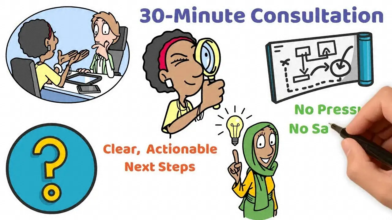 Whiteboard drawing of a free 30-minute consultation with clear, actionable next steps and no pressure